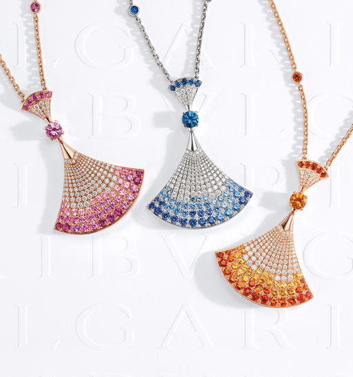 Bvlgari Divas’ Dream necklaces in white or rose gold with diamonds, sapphires, and mandarin garnets