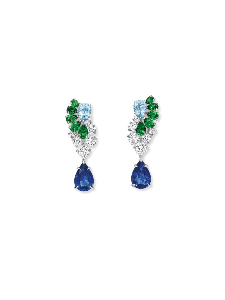 Aspen necklace and earrings in white gold with green tsavorites, sapphires, aquamarines, and diamonds