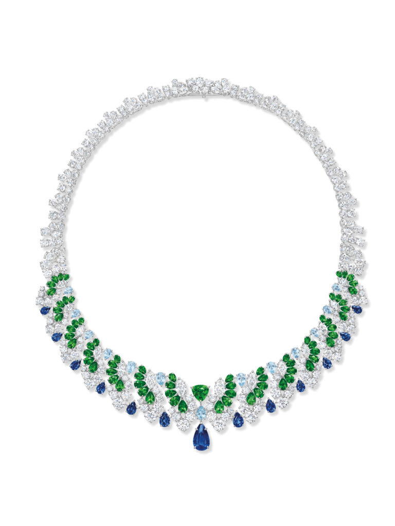 Aspen necklace and earrings in white gold with green tsavorites, sapphires, aquamarines, and diamonds