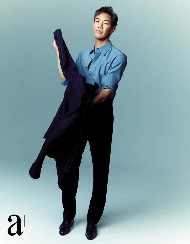 Cotton shirt,&nbsp;wool blazer, and trousers, all from Gucci