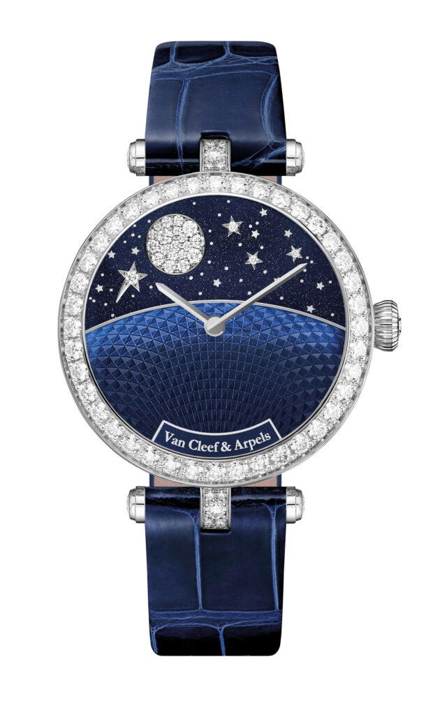The Lady Arpels Jour Nuit dial features Murano aventurine glass, guilloche-engraved mother-of-pearl, and diamonds