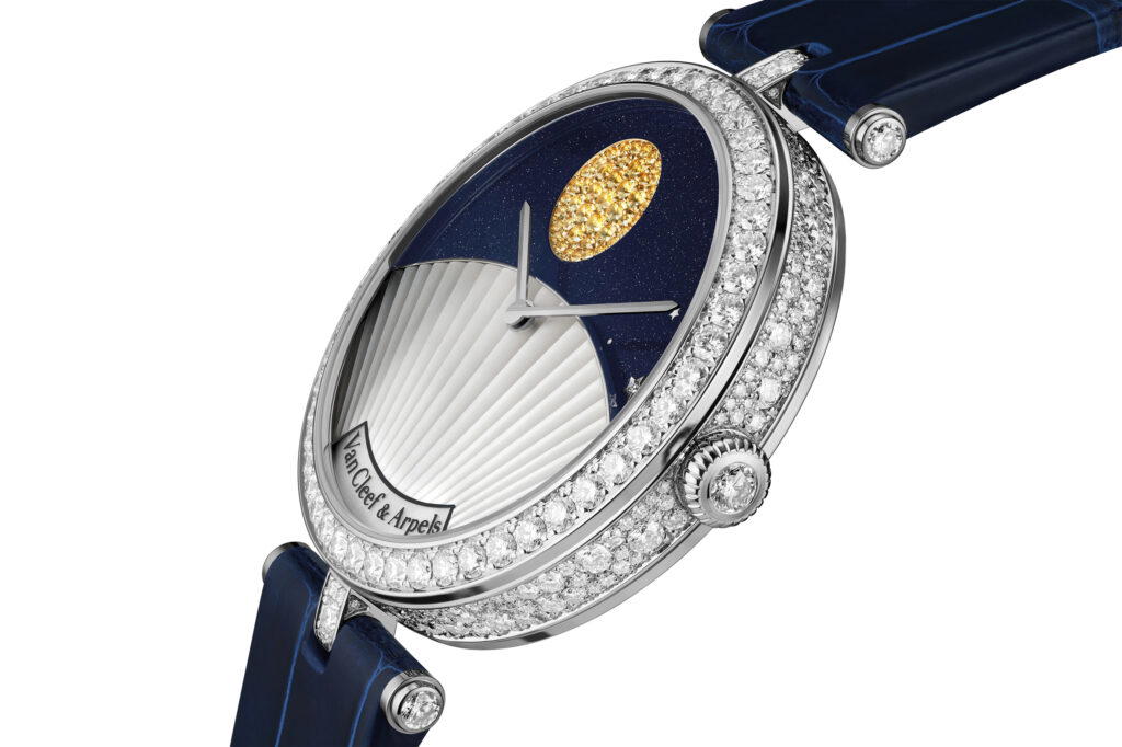 On the Lady Jour Nuit, the moon and stars are diamond-set, and the sun is yellow gold with guilloche details