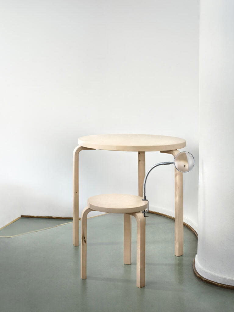 Artek Forest Collection In-Situ Aalto Table Round 90A and Stool 60 in wild birch