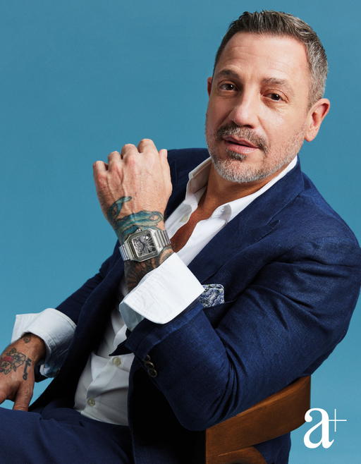 Joshua Schwartz is wearing the Santos de Cartier Skeleton (large model) in steel (Credit: Mun Kong. )