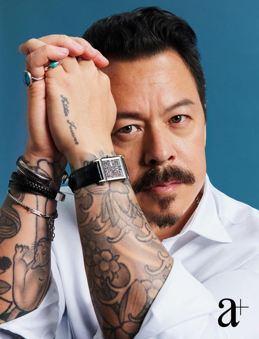 Mike Wiluan is wearing the Cartier Prive Tank Chinoise Skeleton in Platinum (Credit: Mun Kong. )