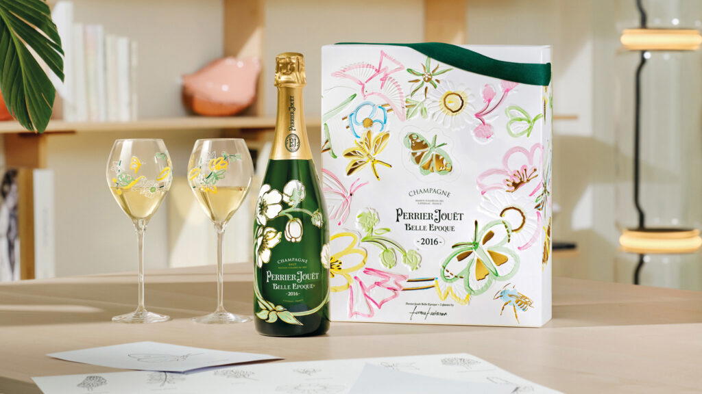 Two specially designed flutes with the limited-edition Perrier-Jouët Belle Epoque 2016