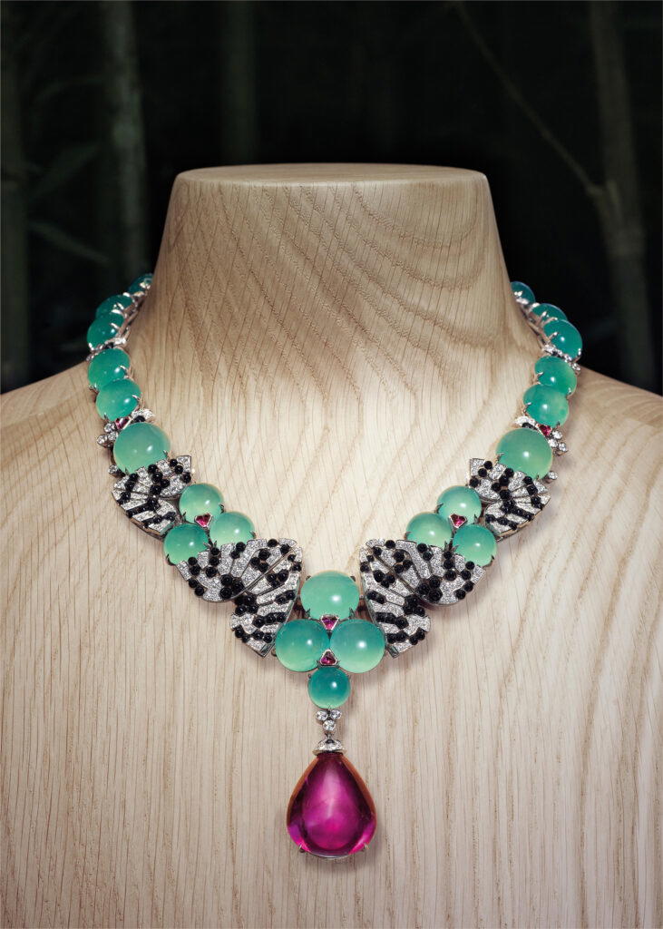 Chryseis necklace in platinum with chalcedony, onyx, diamonds, and a 63.76-ct rubellite