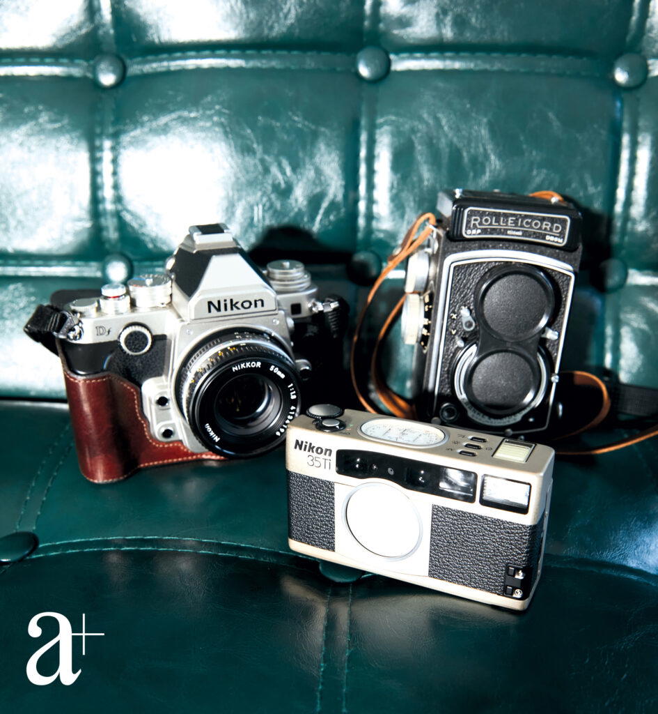 Clockwise from left: Nikon Df, Rolleicord V, and Nikon 35Ti