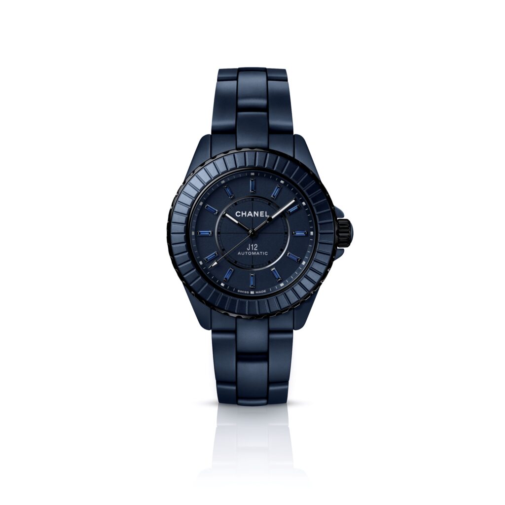 J12 Bleu Calibre 12.1, 38mm, in highly resistant ceramic and steel with blue sapphires, from Chanel