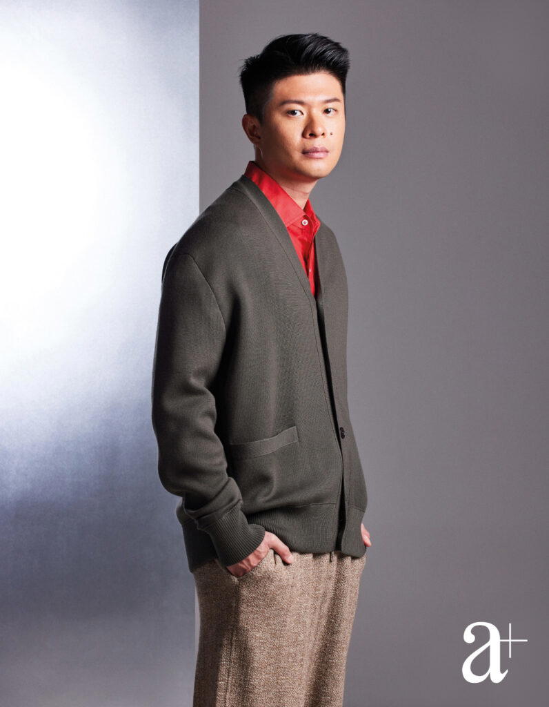 Linen shirt, virgin wool cardigan, and wool blend drawstring trousers, all from Loro Piana (Credit: Mun Kong)