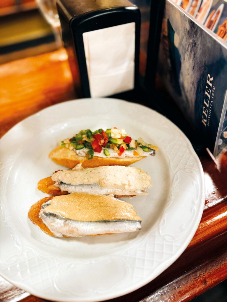 A trio of anchovy pintxos at Bar Txepetxa. Photo: Samantha Francis