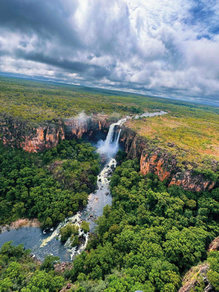 An aerial view of Magela Falls in Kakadu National Park during a scenic helicopter ride. Photo: Samantha Francis