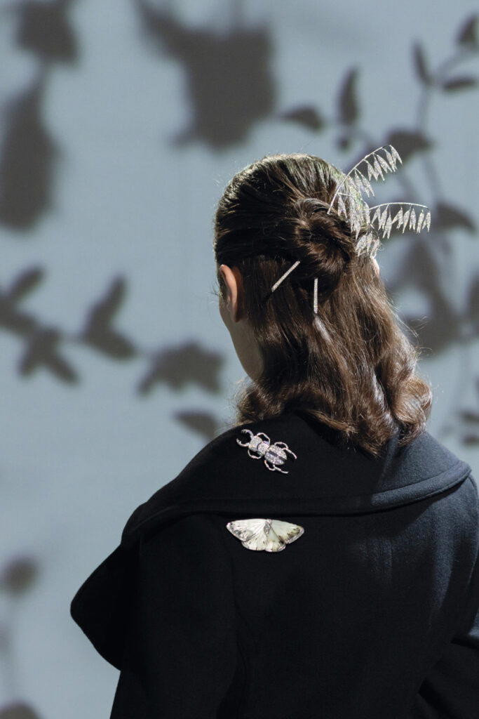 Avoine head jewel in white gold with diamonds, Lucane ring in white gold with lacquer and diamonds, and Papillon de Nuit brooch in white gold with mother-of- pearl, lacquer and diamonds (Credit: Boucheron)