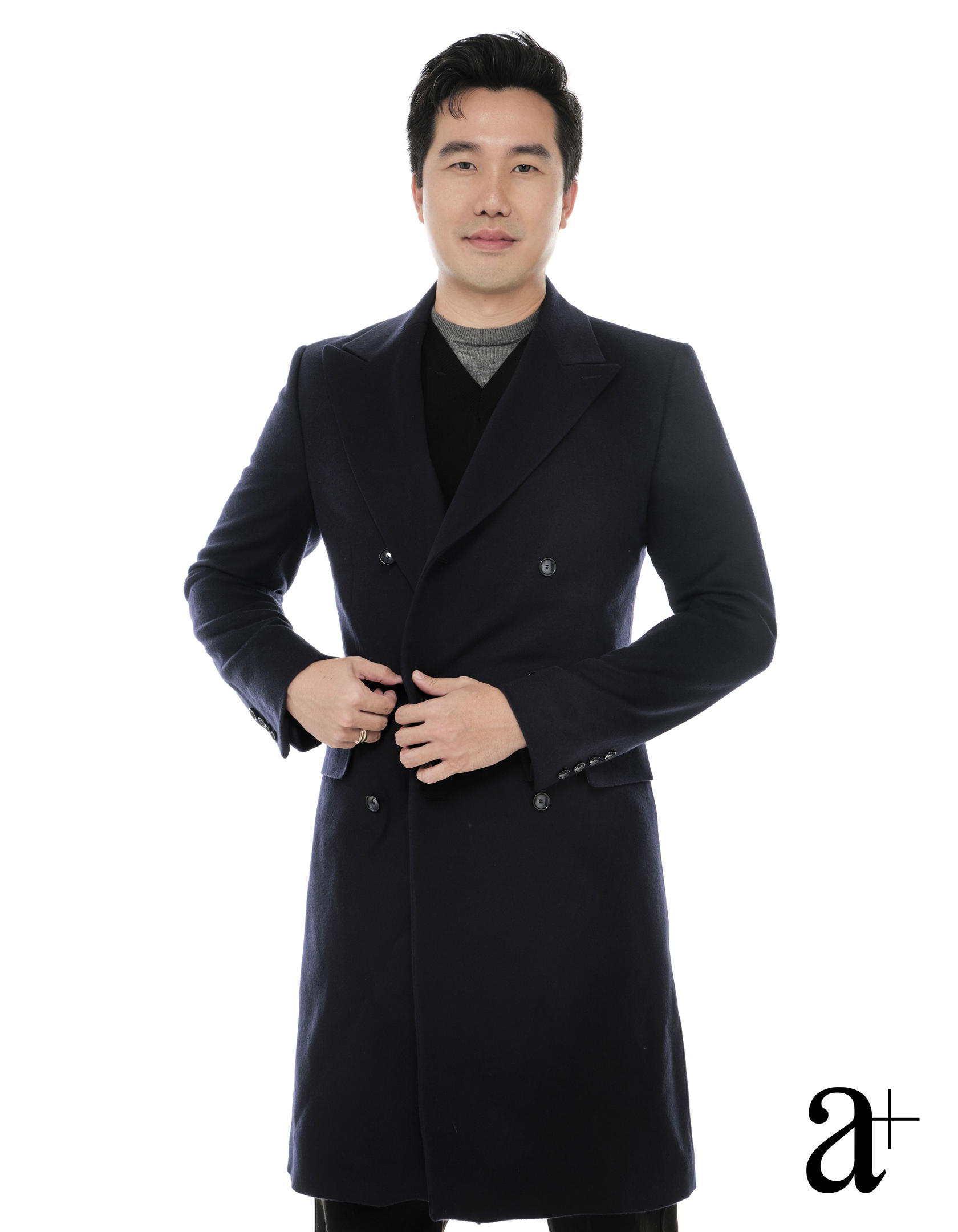 Wool knit top, from Ferragamo. Wool coat, from Boss