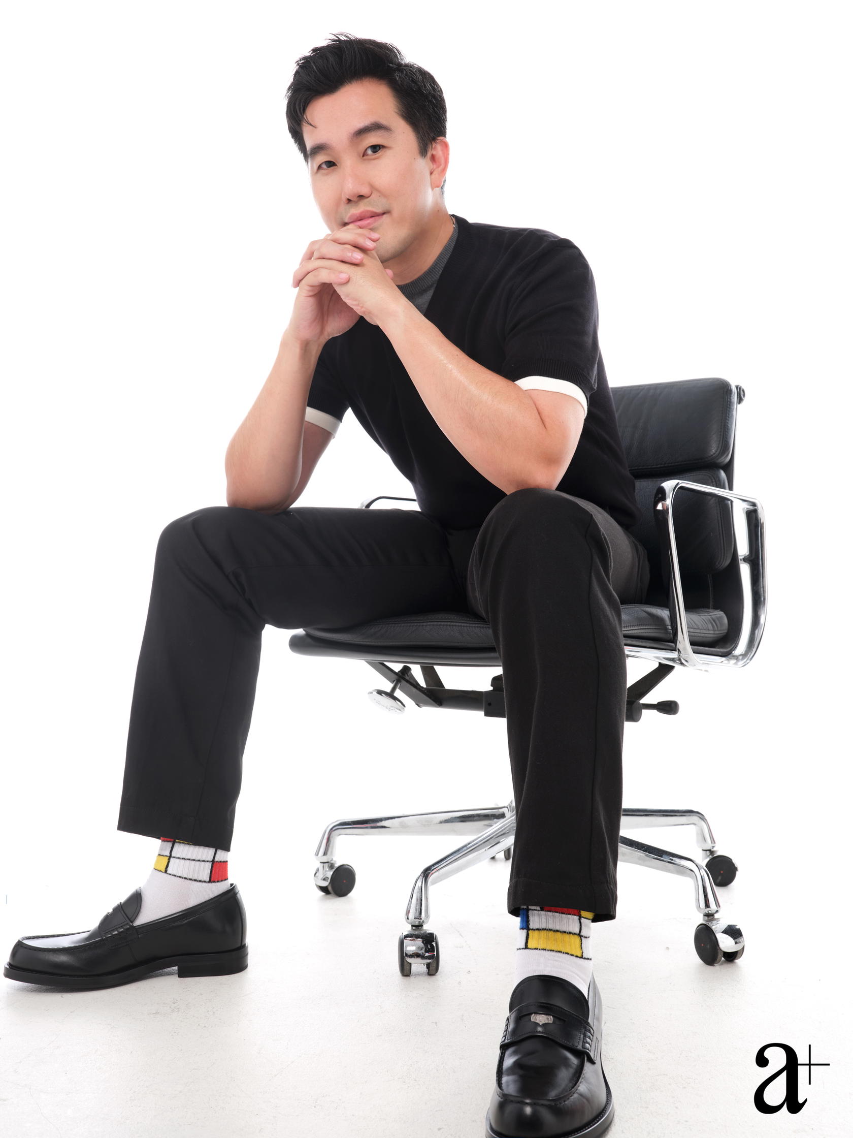 Wool knit top, from Ferragamo. Cotton trousers, from Boss. Socks, Lee’s