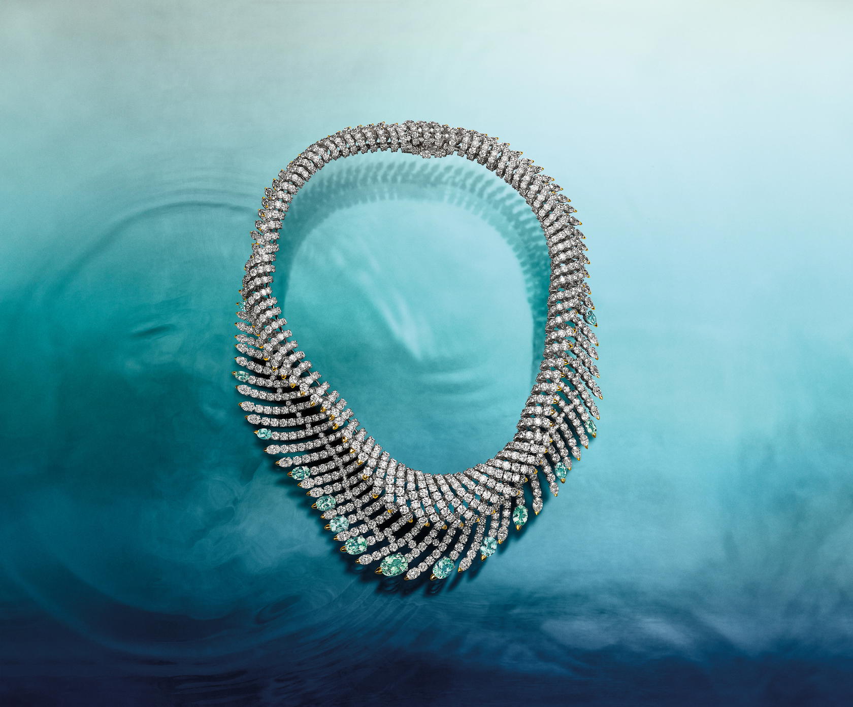 Wave Green and Blue Cuprian Elbaite Tourmaline Necklace in white and yellow gold with cuprian elbaite and diamonds (Credit: Tiffany & Co)