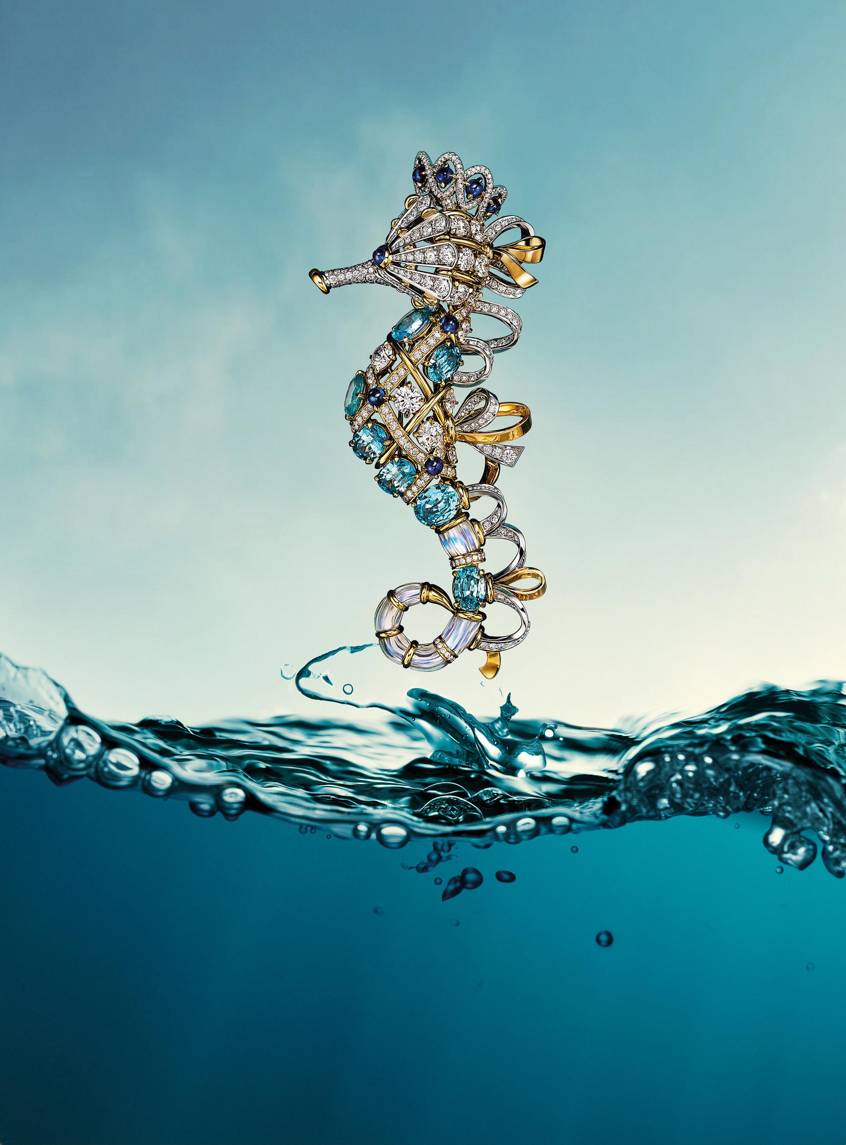 Seahorse Blue Zircon Brooch in yellow gold and platinum with zircons, sapphires, moonstones, and diamonds (Credit: Tiffany & Co)