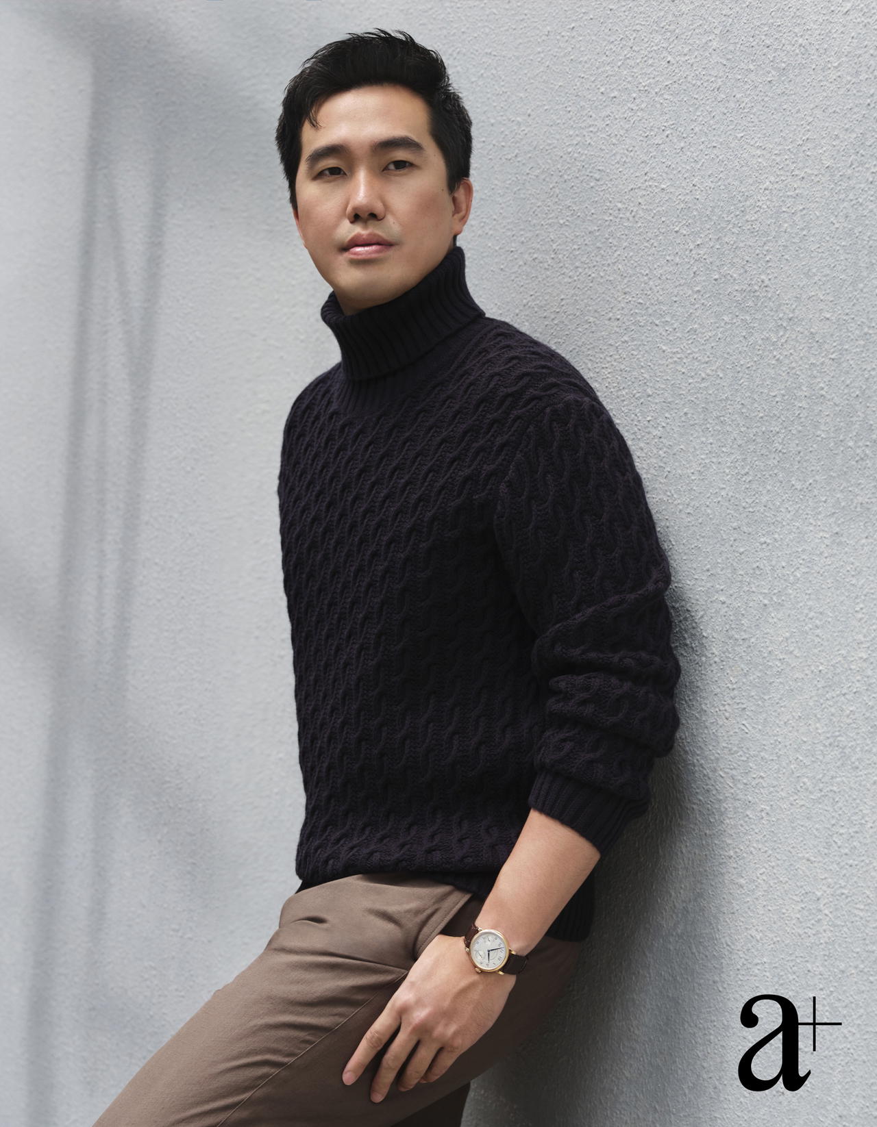 1815 Up/Down in pink gold, from A. Lange & Söhne. Wool cable knit turtleneck, from Boss. Cotton blend trousers, from Zegna