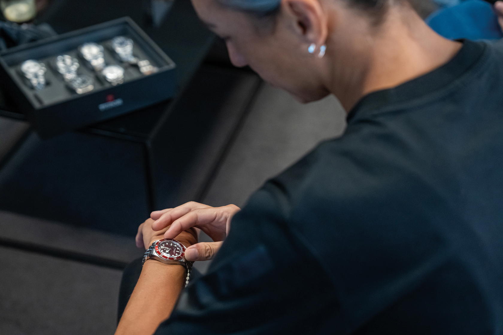 Checking out the Tudor Black Bay 58 featuring a burgundy dial and bezel. Photo: Tudor