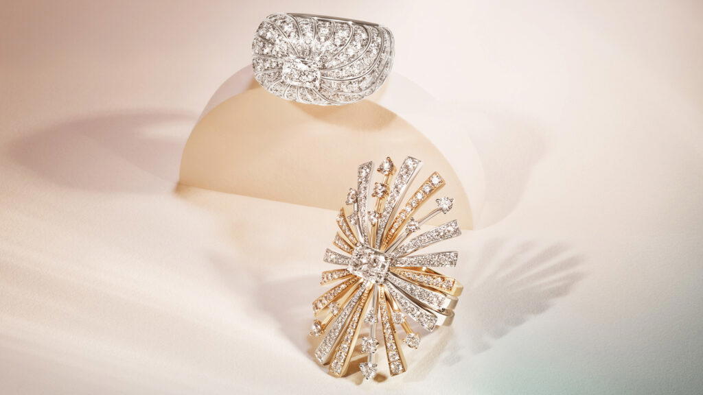 Soleil d’Or ring in white gold with diamonds, and Soleil d’Or brooch in white and yellow gold with diamonds (Credit: Fred)