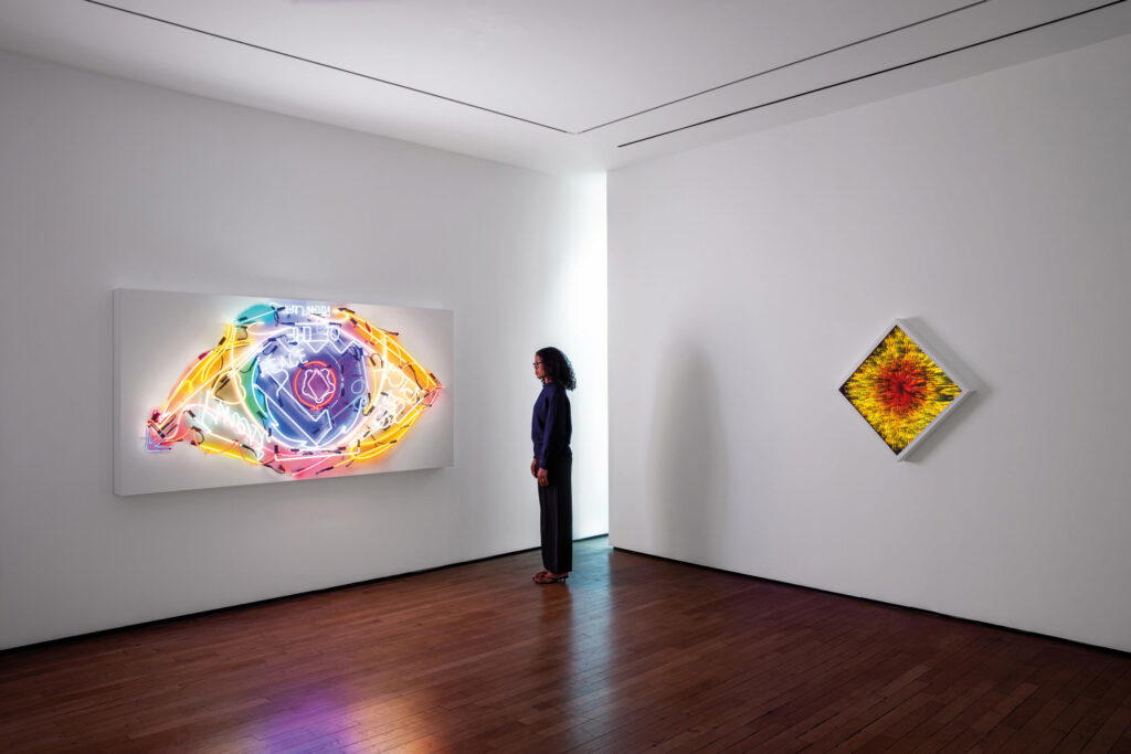 ‘The Eye’ (2025) on the left hides the word “peace”. Photo: Iván Navarro