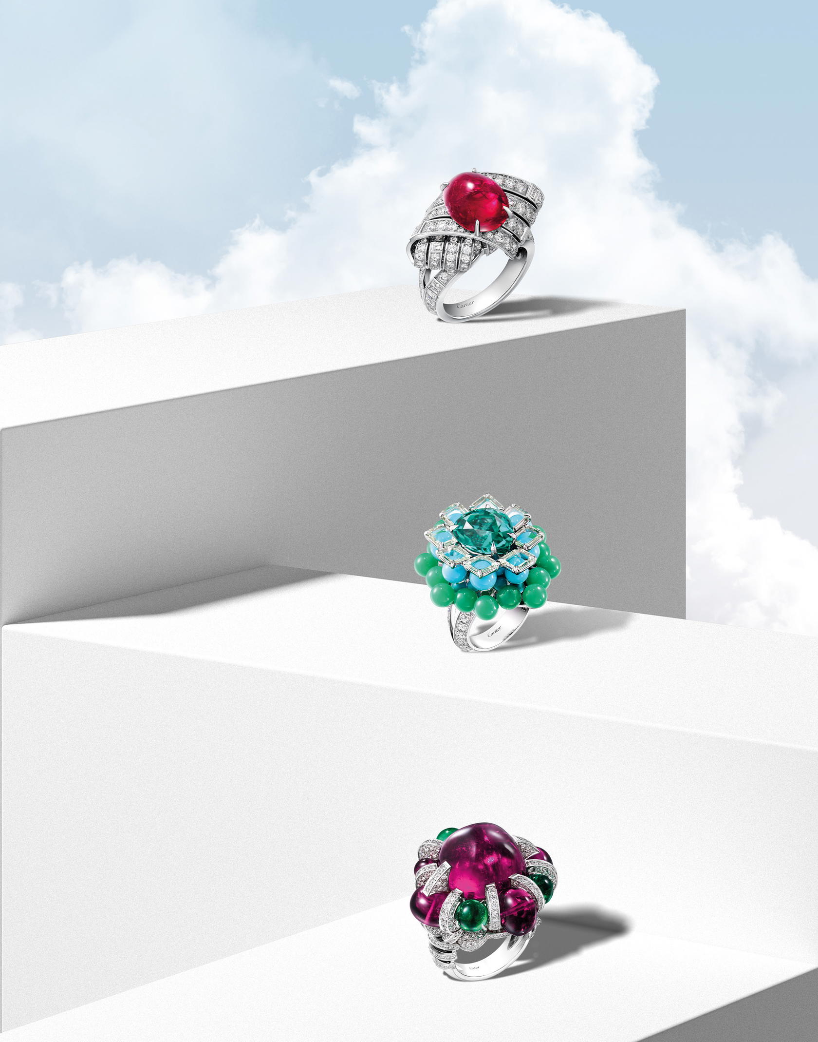 Part of its new En Equilibre high jewellery line-up are these splendid rings by Cartier (Credit: Cartier)