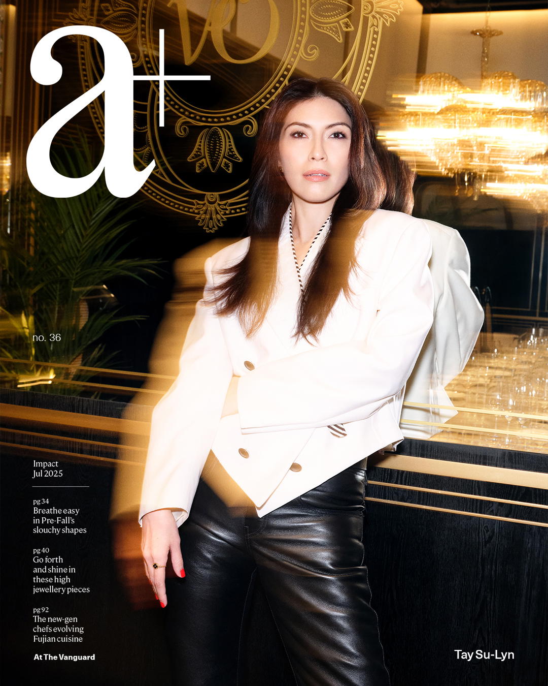 Wool blend jacket, lambskin trousers, and Color Blossom Mini Sun Ring in yellow gold with onyx and diamond, all from Louis Vuitton