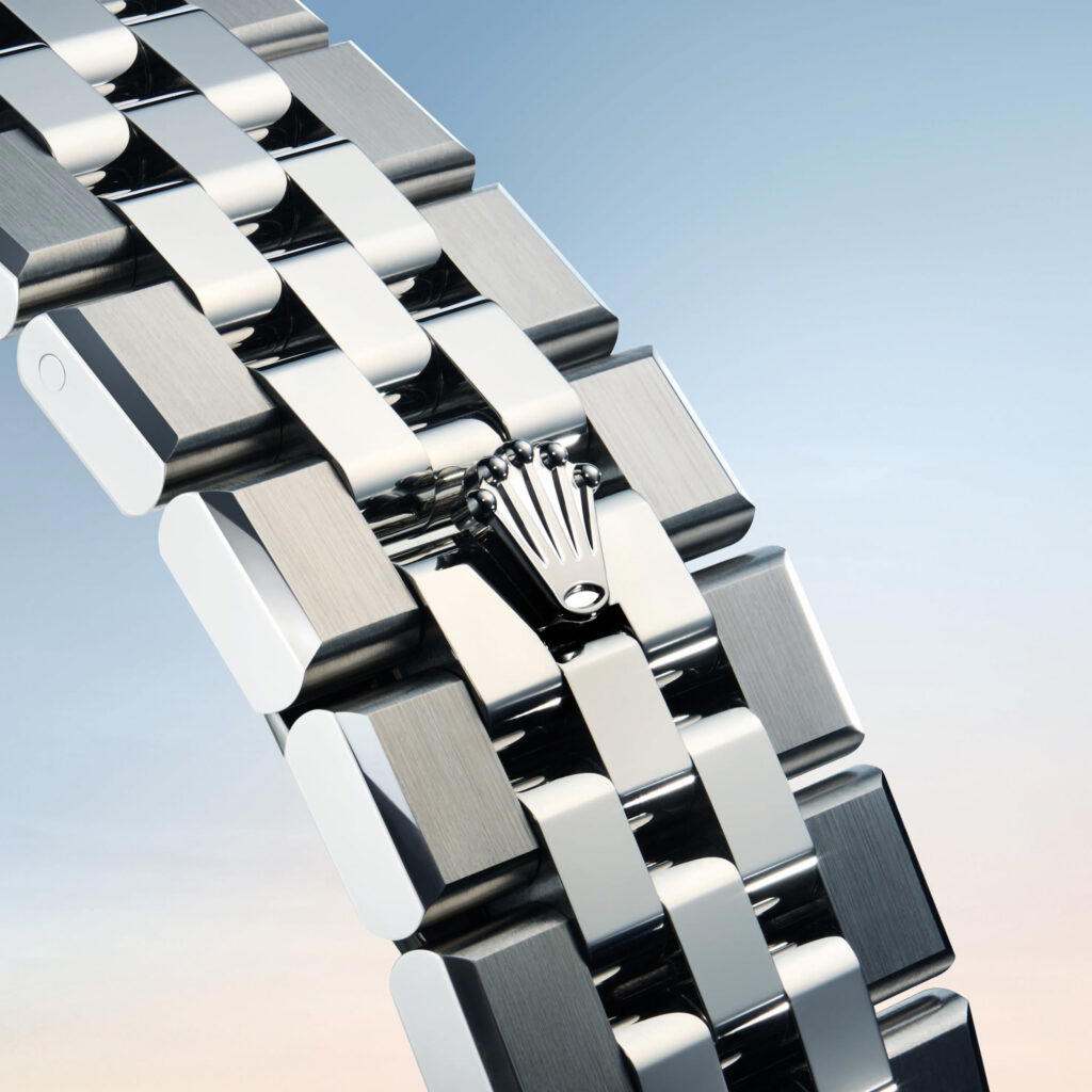 The Flat Jubilee bracelet offers polished centre links and satin-finished outer links for an elegant interplay of light and texture (Credit: Rolex)