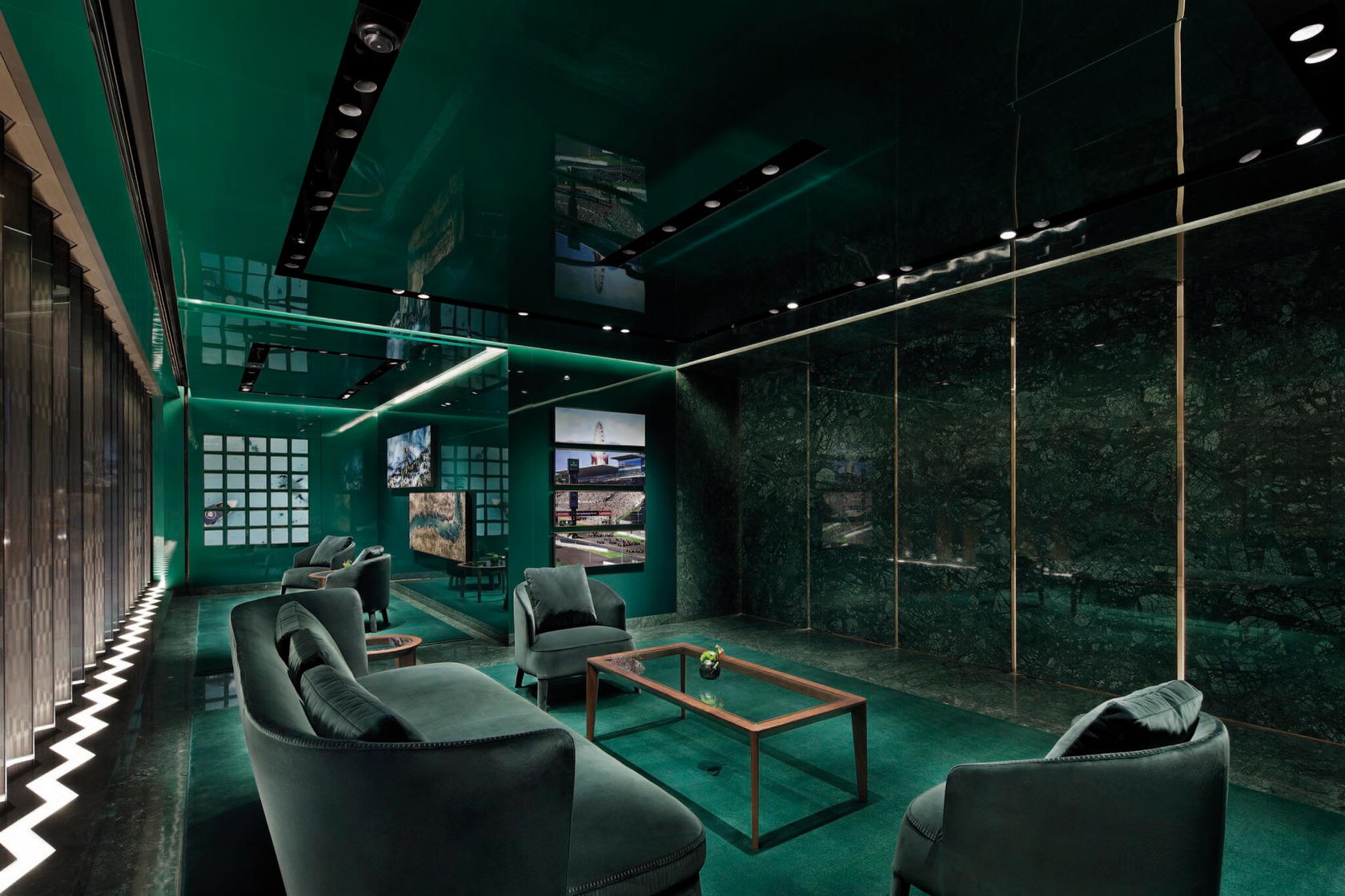Deep green furniture with a lacquer-like texture accentuate the delicate Japanese sensibility in the new Rolex Tower in Tokyo (Credit: Rolex)