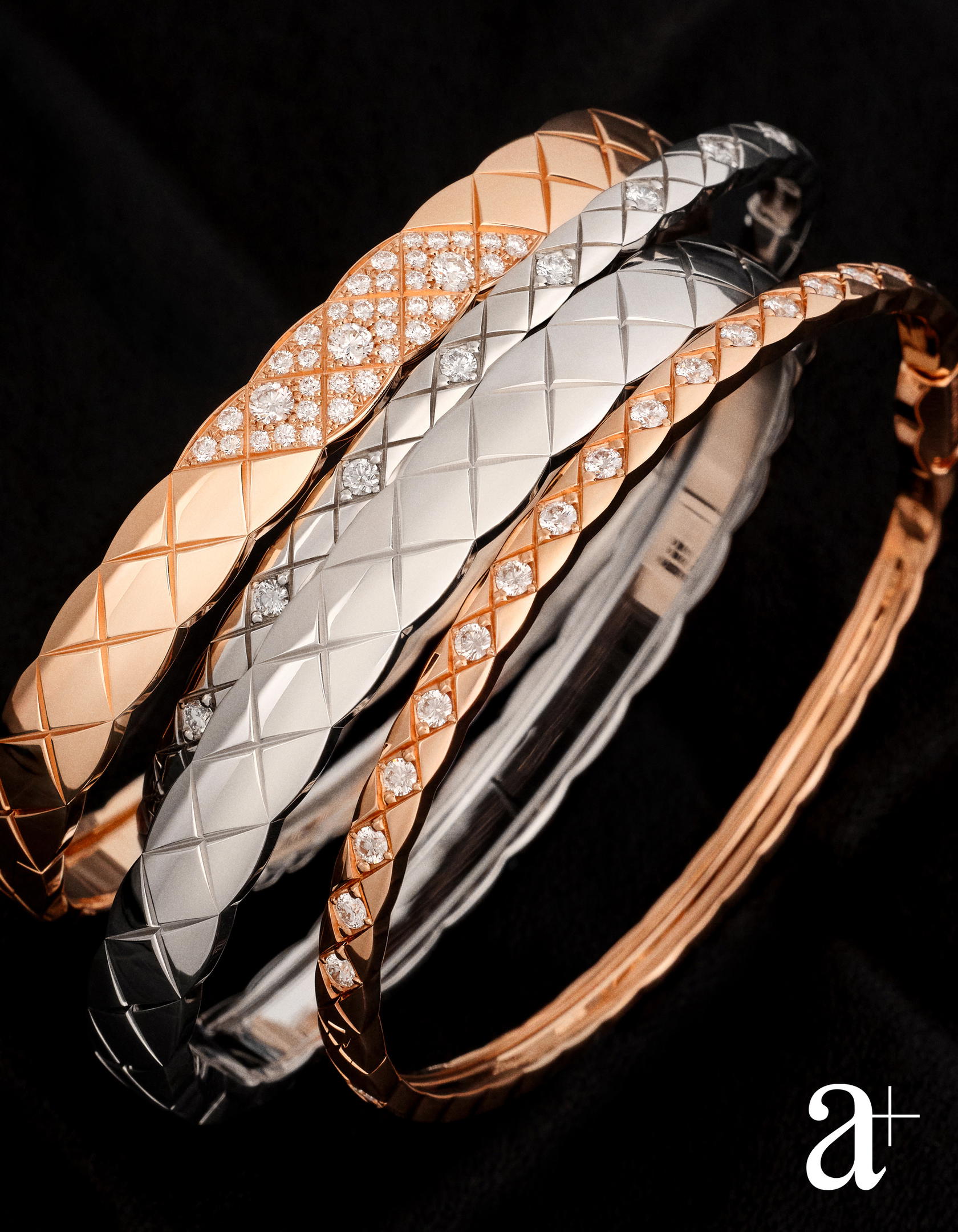 Coco Crush bracelets in beige and white gold with and without diamonds, all from Chanel (Credit: Stefan Khoo)