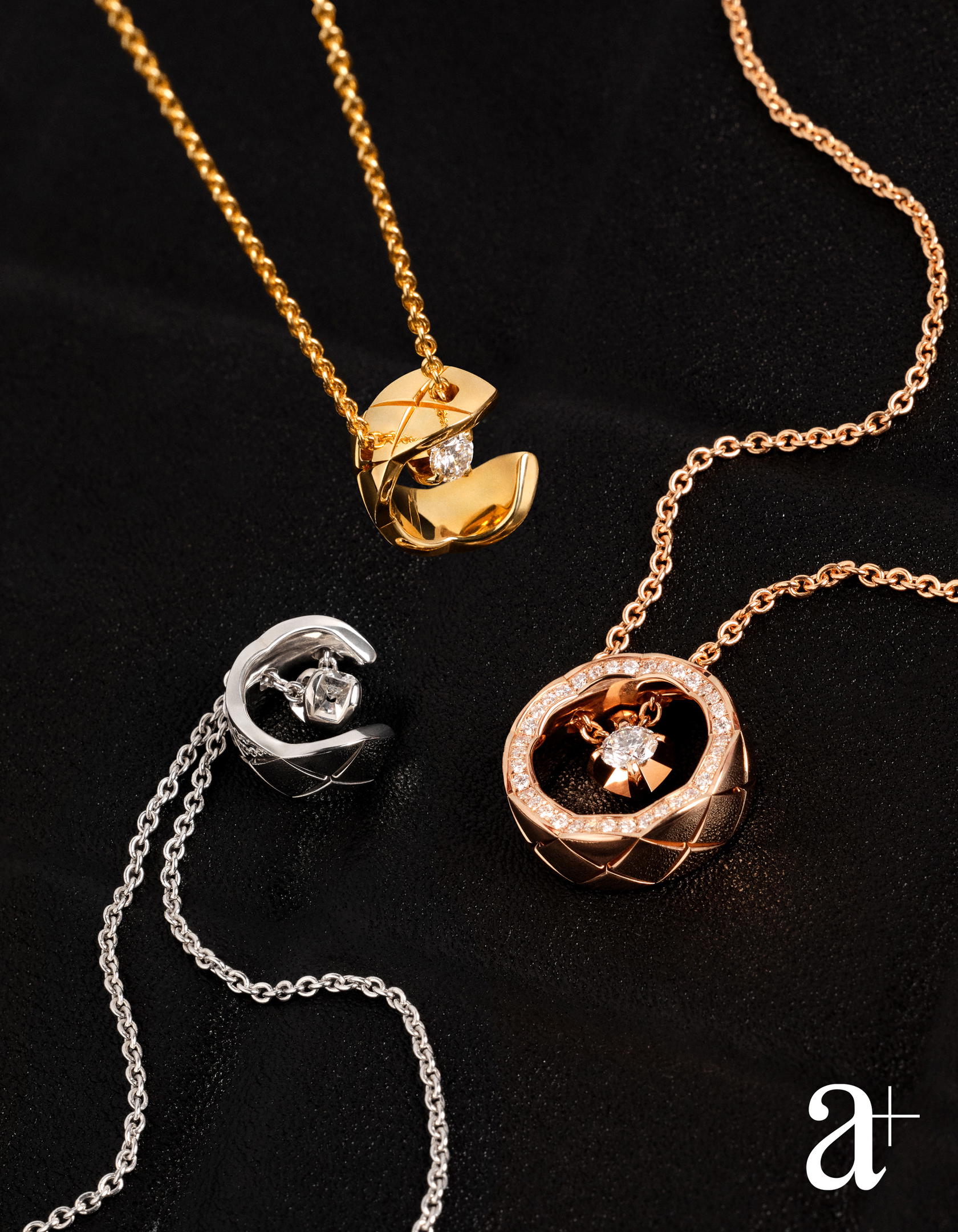 Coco Crush necklaces in white, beige, and yellow gold with diamonds, all from Chanel (Credit: Stefan Khoo)