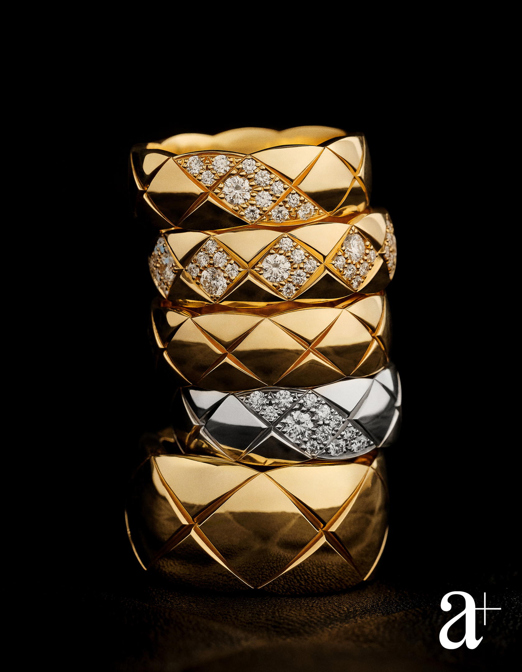 Coco Crush rings in white and yellow gold with and without diamonds, all from Chanel (Credit: Stefan Khoo)