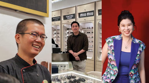 Ken Koh (Nanyang Sauce), Bryan Chin (Jamco Optical), and Adele Chung (Meiko Tailor)