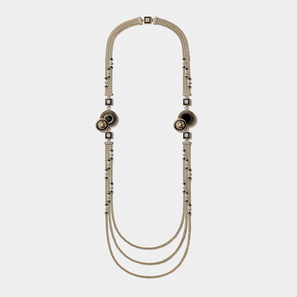 Double Lion Buttons Necklace Watch in yellow gold with diamonds and onyx (Credit: Chanel)