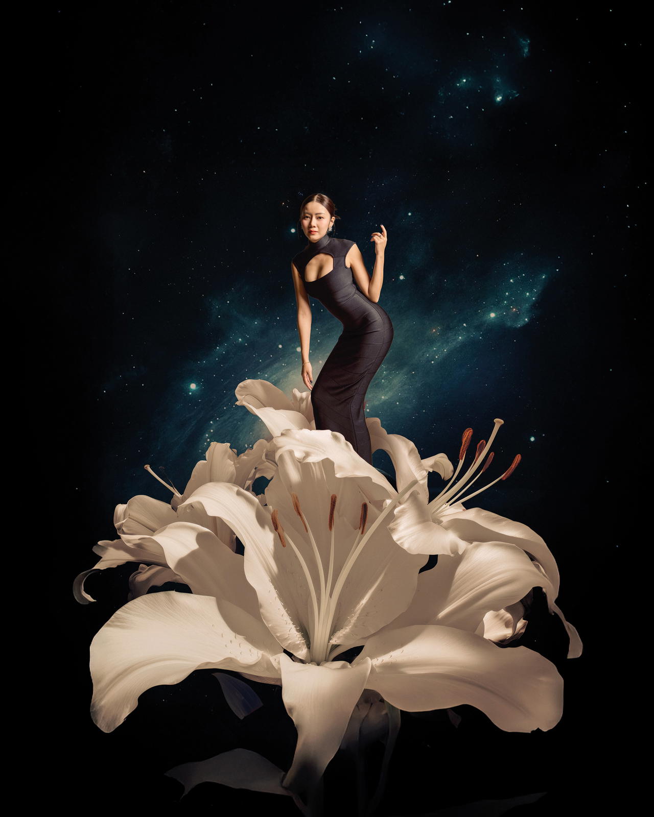 Liaw wears her Liaü #1 Diva black bandage dress (Credit: Calista Liaw)