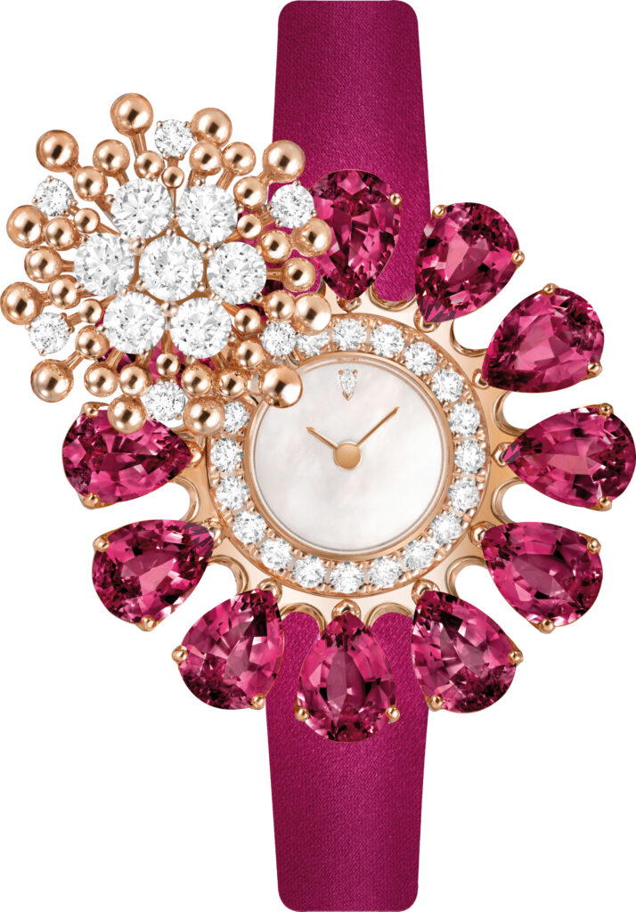 Fleurs d’Hawaï secret watch in rose gold with rhodolites, mother-of-pearl, and diamonds (Credit: Van Cleef & Arpels)