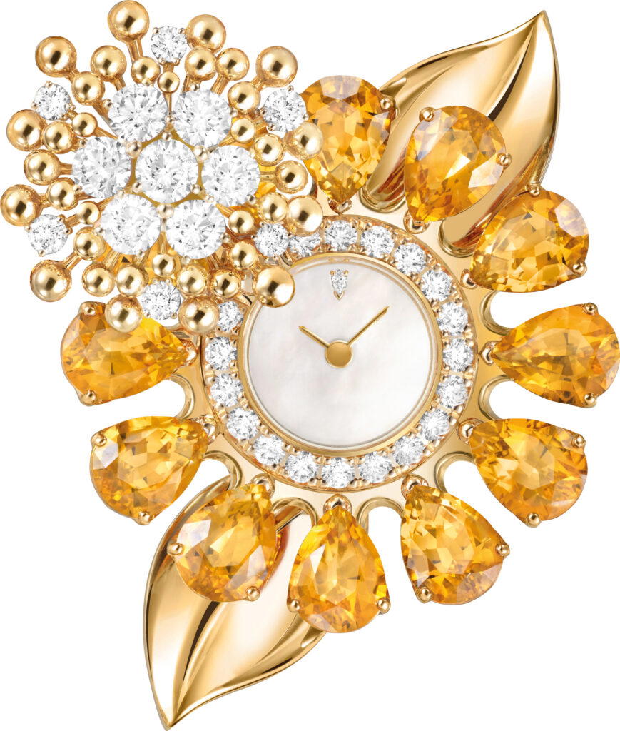 Fleurs d’Hawaï secret watch in yellow gold with citrines, mother-of-pearl, and diamonds (Credit: Van Cleef & Arpels)