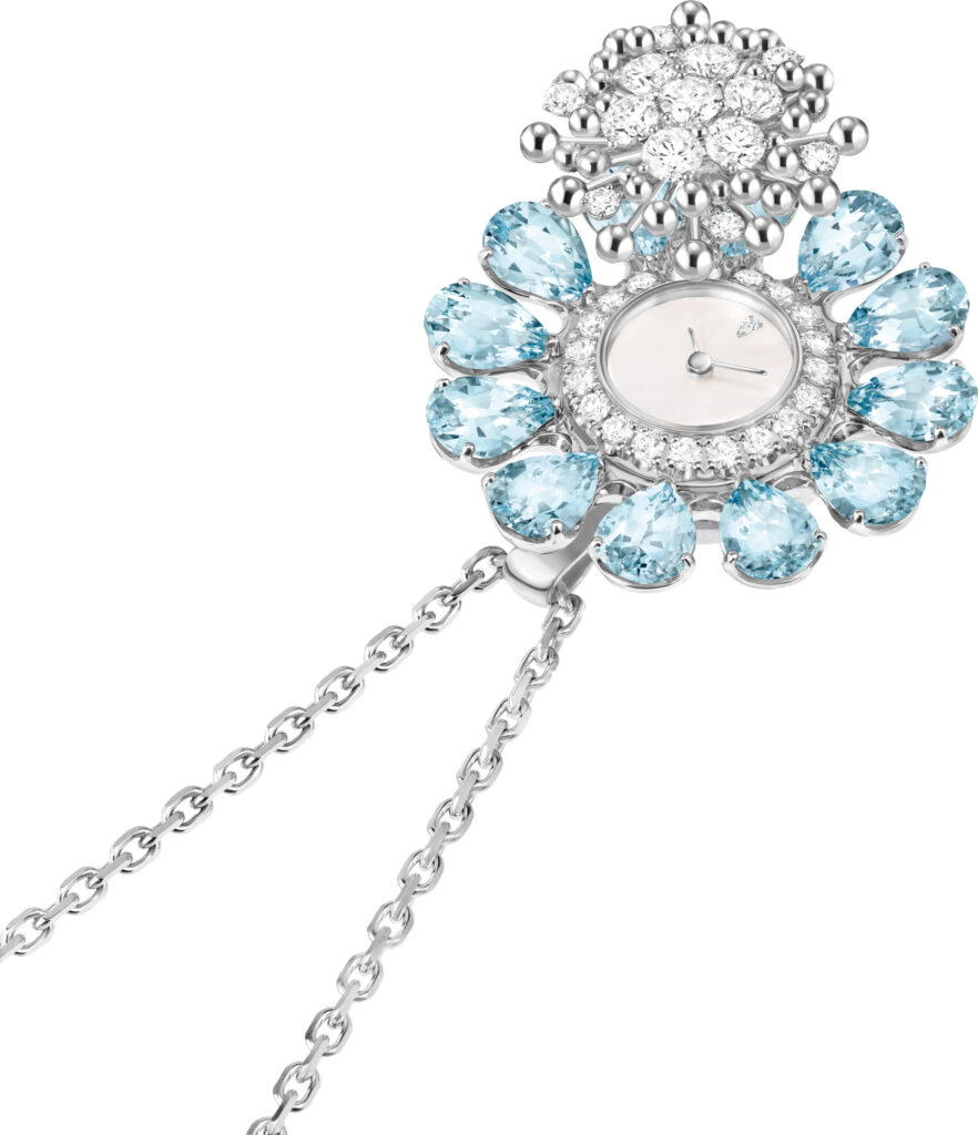 Fleurs d’Hawaï secret watch in white gold with aquamarines, white mother-of-pearl, and diamonds (Credit: Van Cleef & Arpels)