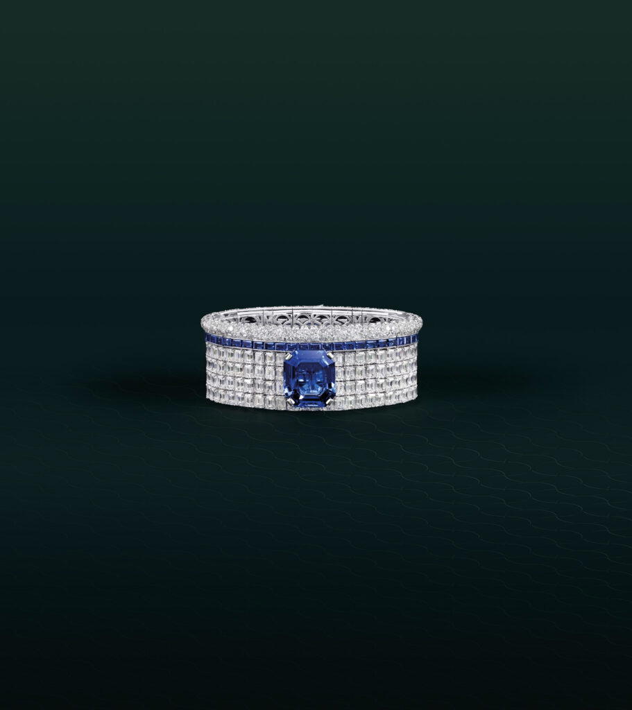 Bangle in white gold with a 17.05-ct unheated Sri Lankan sapphire, sapphires, and diamonds (Credit: Graff)