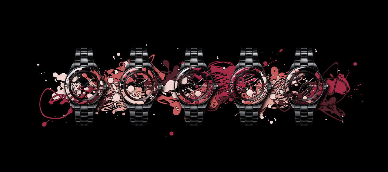 Makeup becomes even more beautiful when presented on timepieces: J12 “Dripping Art” in highly resistant ceramic and grand feu enamel (Credit: Chanel )