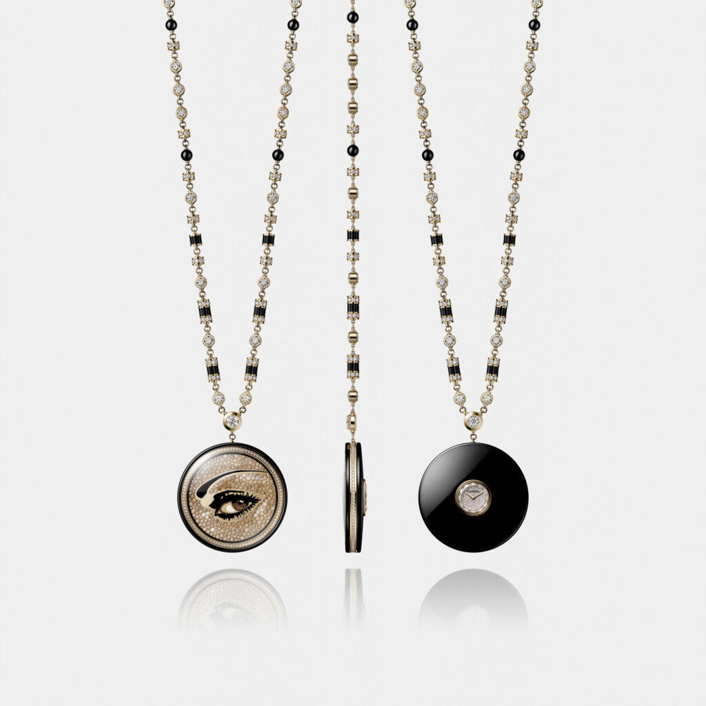 Amulet Watch “Protect Me” in titanium and yellow gold with diamonds, onyx, and grand feu enamel (Credit: Chanel)