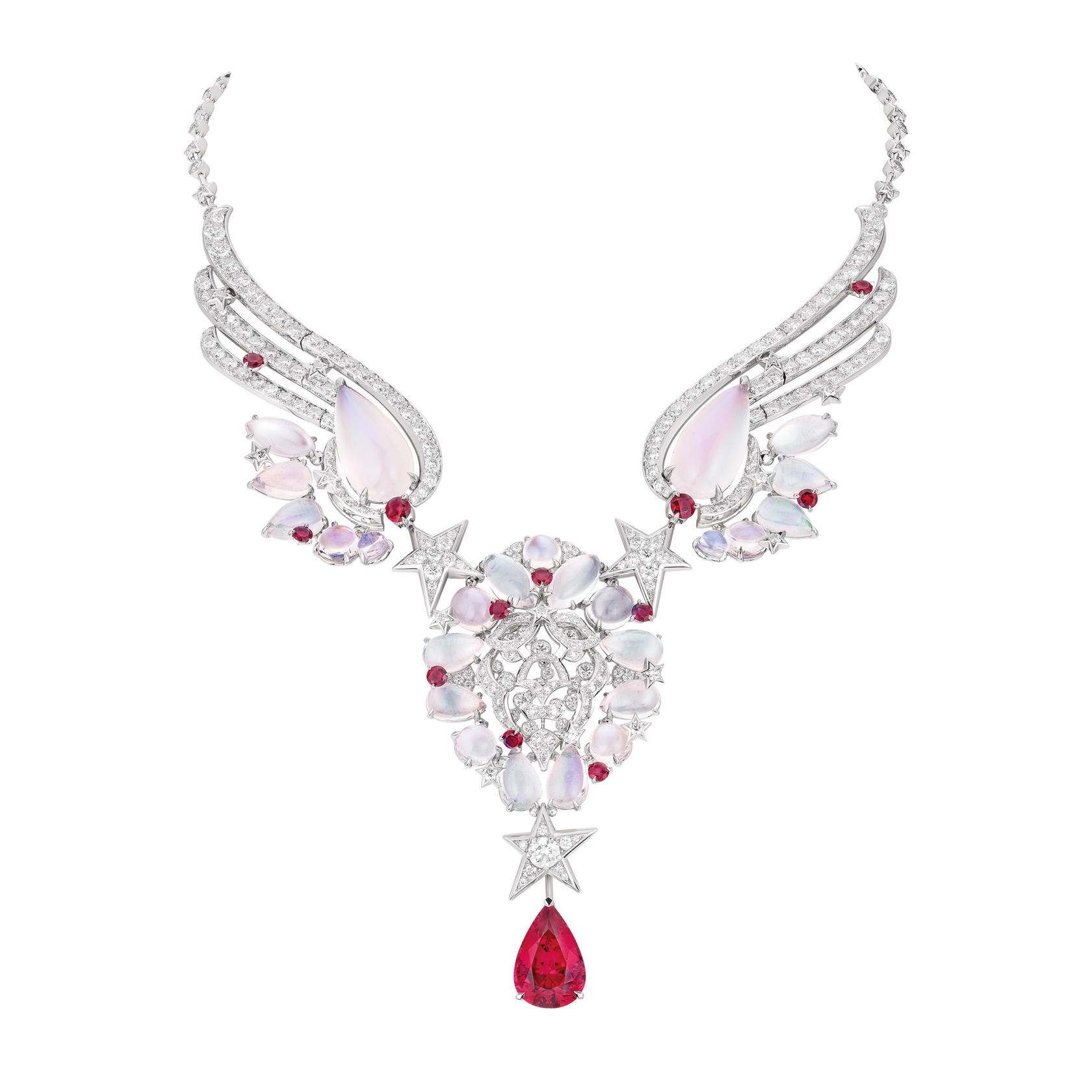 Follow Your Heart necklace in platinum with diamonds, moon stone, rubies, and a 7.81-ct spinel (Credit: Chanel)