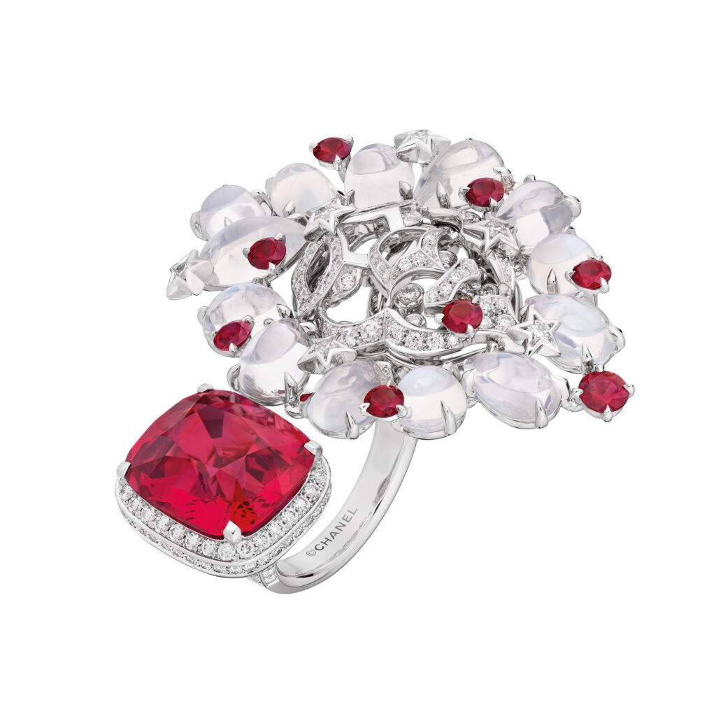Follow Your Heart ring in platinum with diamonds, moon stone, rubies, and a 11.28-ct spinel (Credit: Chanel)