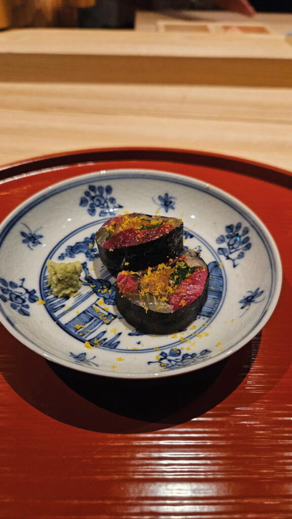 White Fish and Kobe Beef Rolled with Seaweed (Credit: Candice Chan)