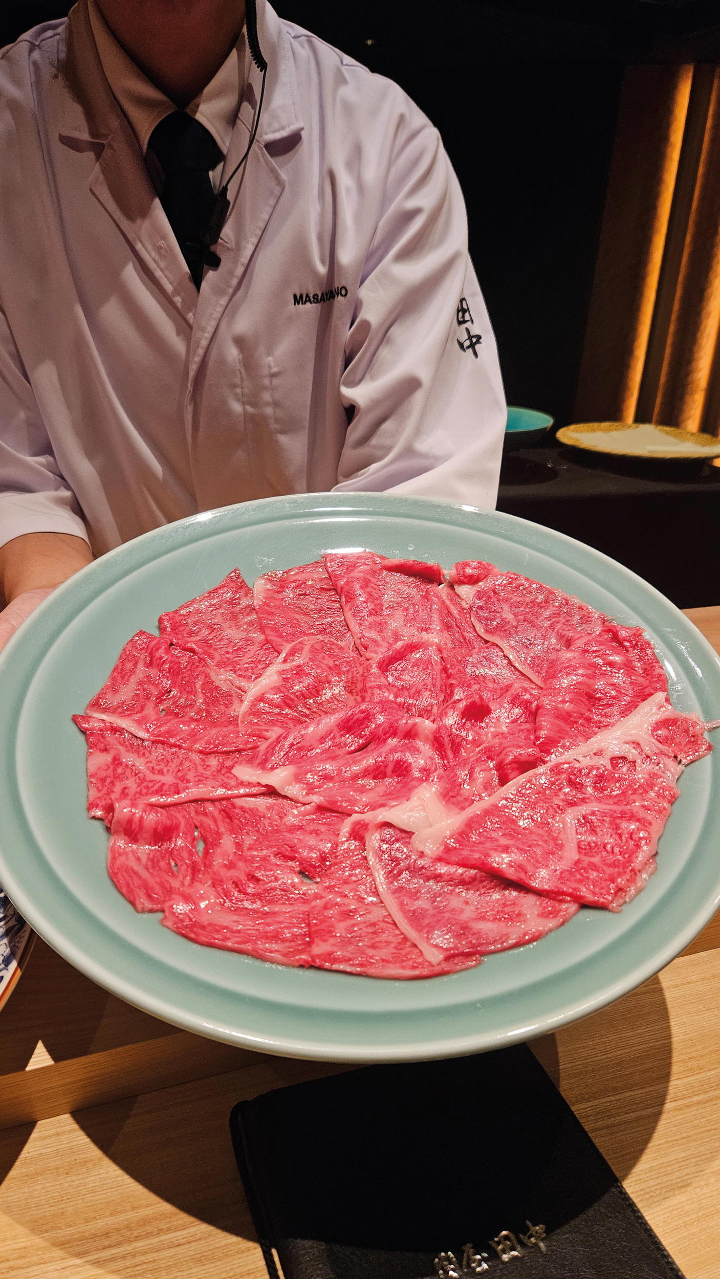 Perfectly sliced Kobe sirloin for shabu-shabu (Credit: Candice Chan)