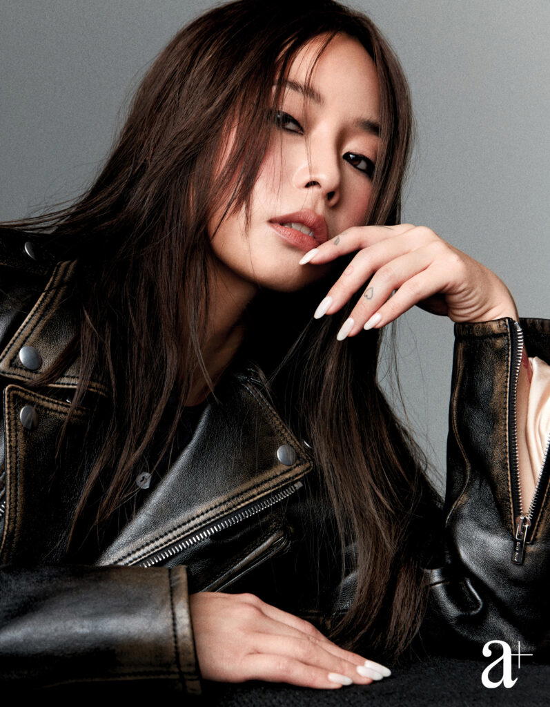 Nappa leather biker jacket and cotton polo shirt, both from Miu Miu (Credit: Joel Low)