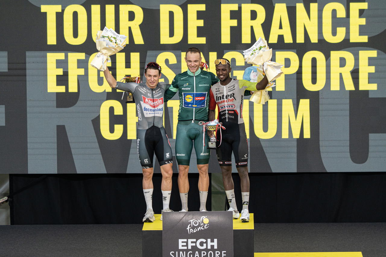From left: Jasper Philipsen, Jonathan Milan, and Biniam Girmay (Credit: Tour de France EFGH Singapore Criterium)