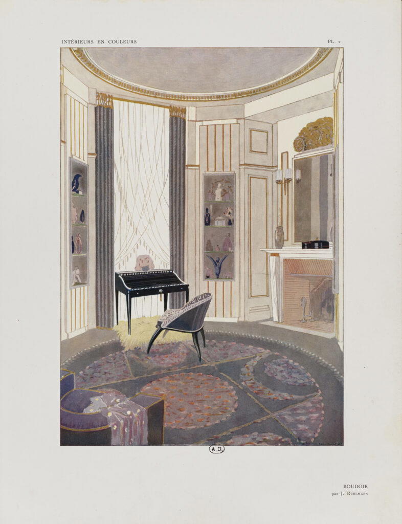 Léon Deshairs Boudoir in the collector’s pavilion; facsimile of an original gouache reproduced in the portfolio Exposition des Arts Décoratifs, Paris, 1925. Intérieurs en couleurs France, Paris, Éditions, Albert Lévy (1962) (Credit: Les Arts Décoratifs)