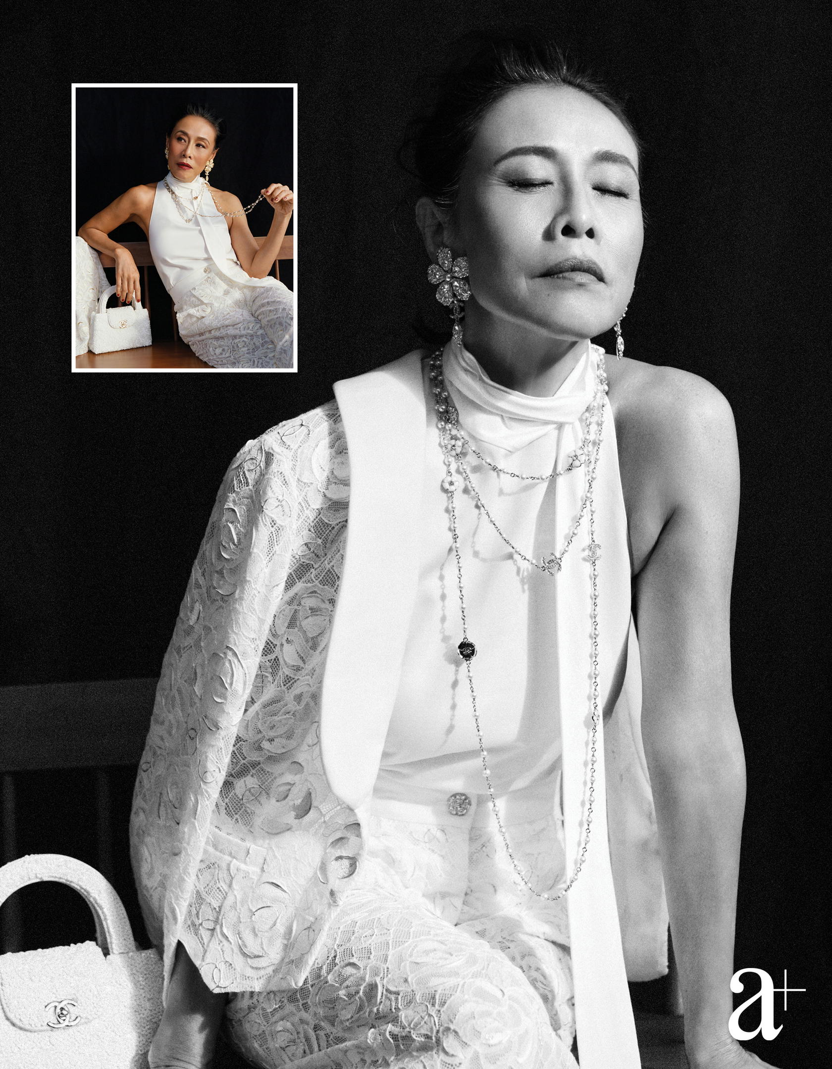 Cotton top, coated lace blazer and matching trousers, metal earrings and necklaces with strass and glass, and embellished top-handle bag, all from Chanel (Credit: Stefan Khoo)