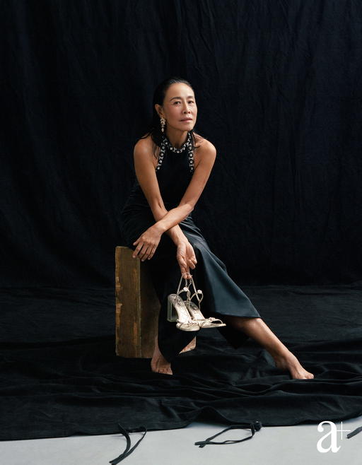 Embellished lambskin dress, metal and strass earrings, and lambskin slingbacks, all from Chanel (Credit: Stefan Khoo. )